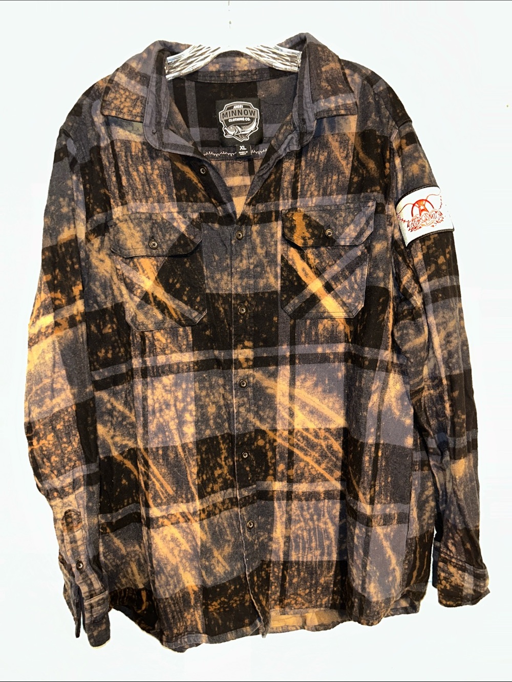 Angry Minnow 🐟 Aerosmith Distressed Plaid Button-Up Shirt in Black & Orange